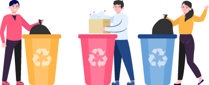 Cartoon people throwing out rubbish and trash into disposal containers flat vector illustration  Garbage truck standing on city road  Recycle service and industry concept
