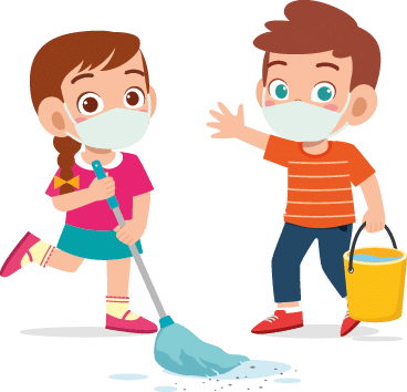 happy cute little kid boy and girl do chores cleaning floor