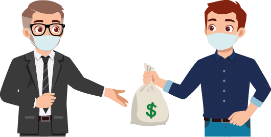 young man give bag of money to his boss