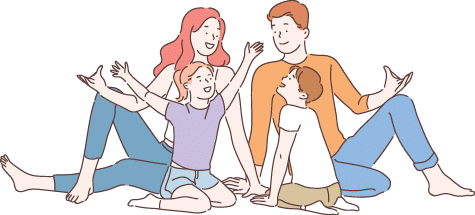 Home insurance metaphor, happy childhood memories concept  Parents and kids playing together, children enjoying common pastime, leisure activities with mom and dad  Simple flat vector