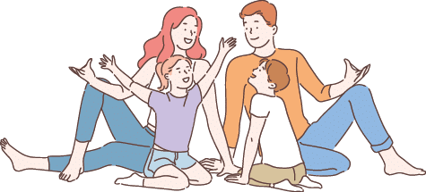 Home insurance metaphor, happy childhood memories concept  Parents and kids playing together, children enjoying common pastime, leisure activities with mom and dad  Simple flat vector