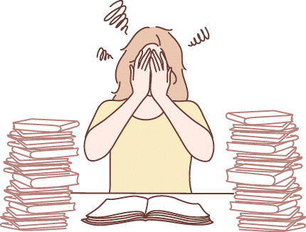Mental stress, education, preparation, frustration, learning concept  Tired depressed frustrated woman girl student has panic attack before exam or unversity tests  Stressful time in study process 
