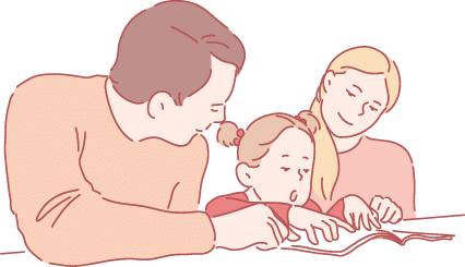Parents and child leisure time concept  Happy father and mother teaching daughter to read books, checking hometask, cute girl focused on pronouncing syllables and words correctly  Simple flat vector