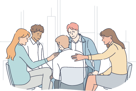 Support, psychology, depression, frustration, mental stress concept  Young people men women characters calming frustrated depressed guy at psychological courses meeting  Group therapy and medical help