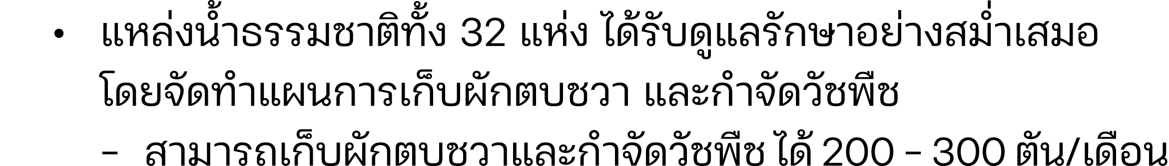  • แหล่งน้ำธรรมชาติทั้ง 32 แห่ง ได้รับดูแลรักษาอย่างสม่ำเสมอ โดยจัดทำแผนการเก็บผักตบชวา และกำจัดวัชพืช  - สามารถเก็บ...