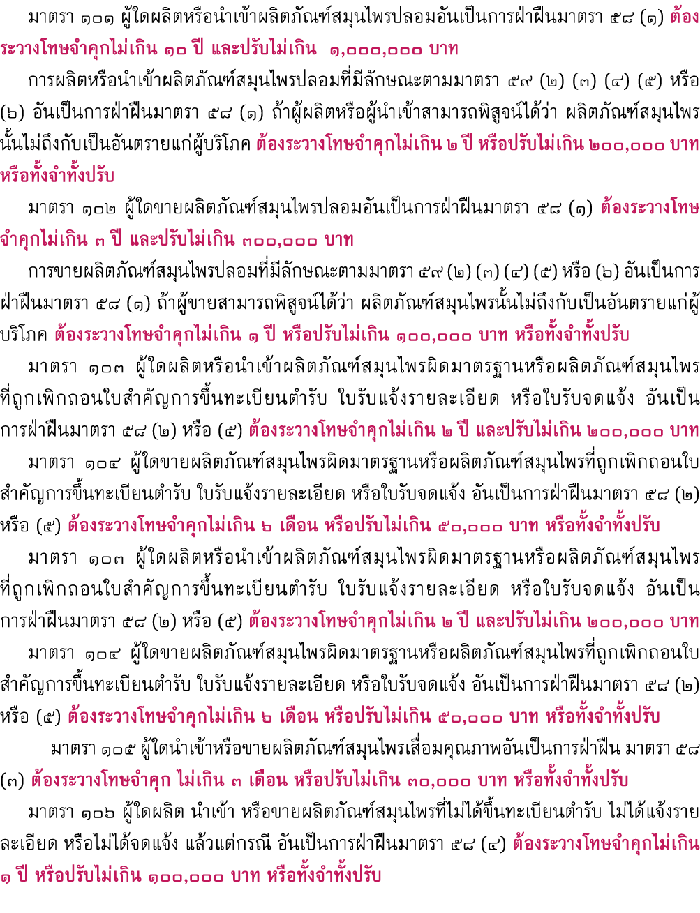  มาตรา ๑๐๑ ผู้ใดผลิตหรือนำเข้าผลิตภัณฑ์สมุนไพรปลอมอันเป็นการฝ่าฝืนมาตรา ๕๘ (๑) ต้องระวางโทษจำคุกไม่เกิน 10 ปี และปรับ...