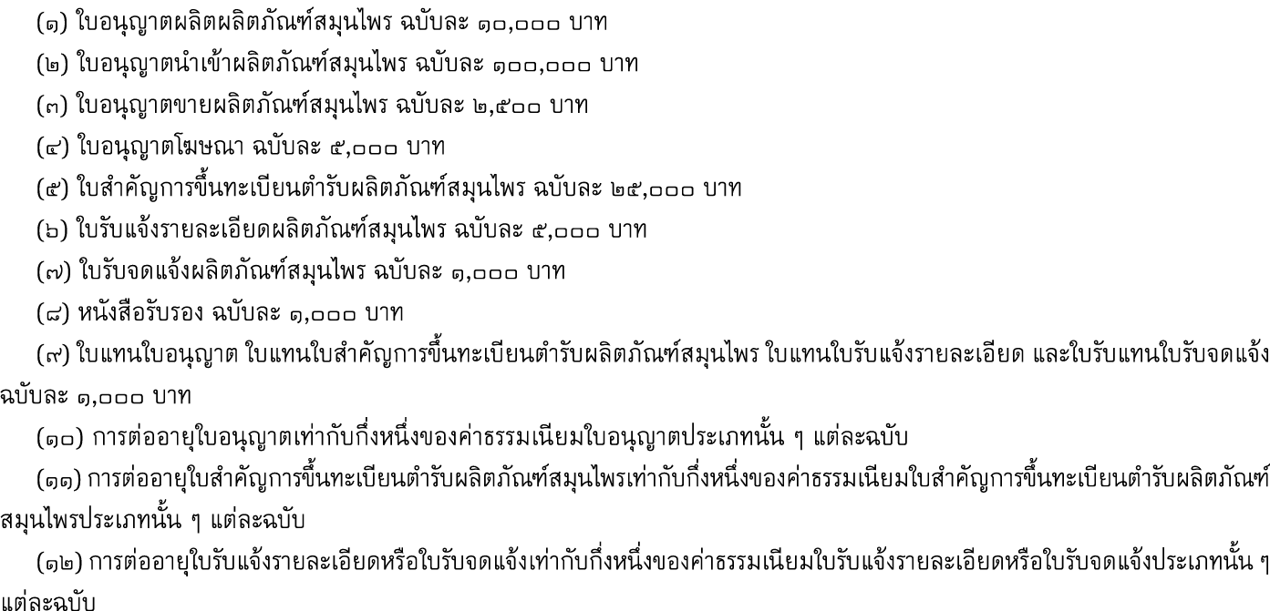 (๑) ใบอนุญาตผลิตผลิตภัณฑ์สมุนไพร ฉบับละ ๑๐,๐๐๐ บาท (๒) ใบอนุญาตนำเข้าผลิตภัณฑ์สมุนไพร ฉบับละ ๑๐๐,๐๐๐ บาท (๓) ใบอนุญา...