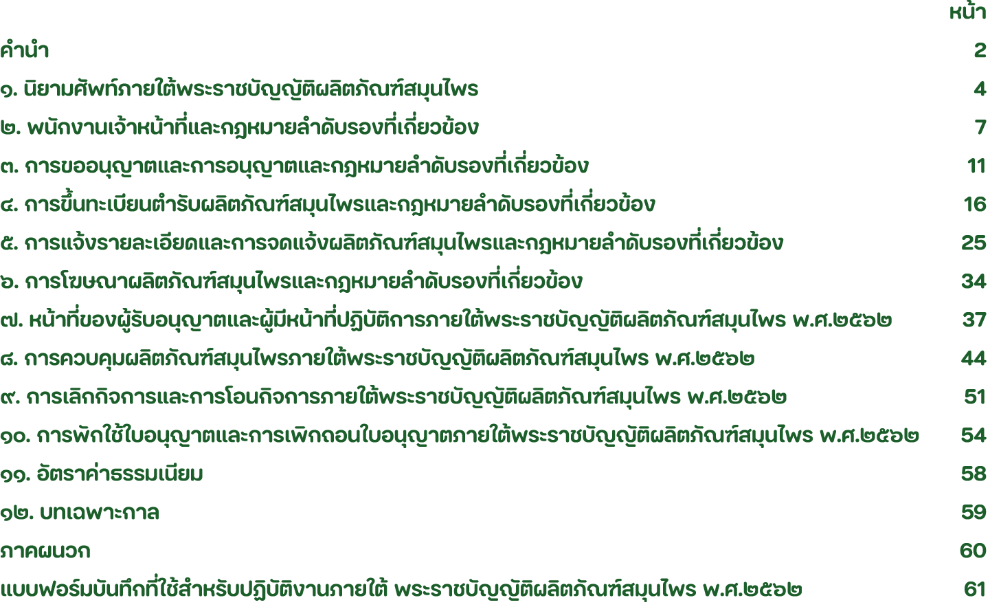  หน้า คำนำ 2 ๑. นิยามศัพท์ภายใต้พระราชบัญญัติผลิตภัณฑ์สมุนไพร 4 ๒. พนักงานเจ้าหน้าที่และกฎหมายลำดับรองที่เกี่ยวข้อง 7...