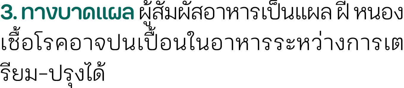 3. ทางบาดแผล ผู้สัมผัสอาหารเป็นแผล ฝี หนอง เชื้อโรคอาจปนเปื้อนในอาหารระหว่างการเตรียม ปรุงได้